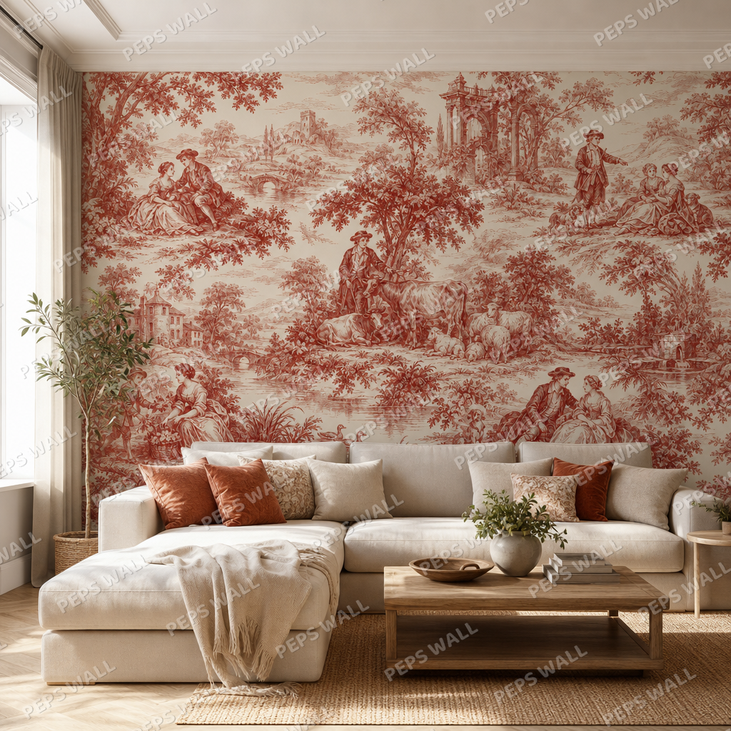 Rouge Toile wallpaper in a Dubai living room - Peps Wall
