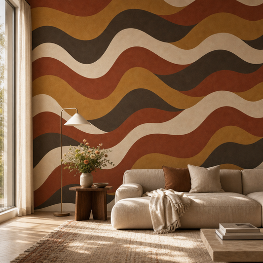 Retro 70s Waves living room wallpaper - custom mural printed and installed in Dubai