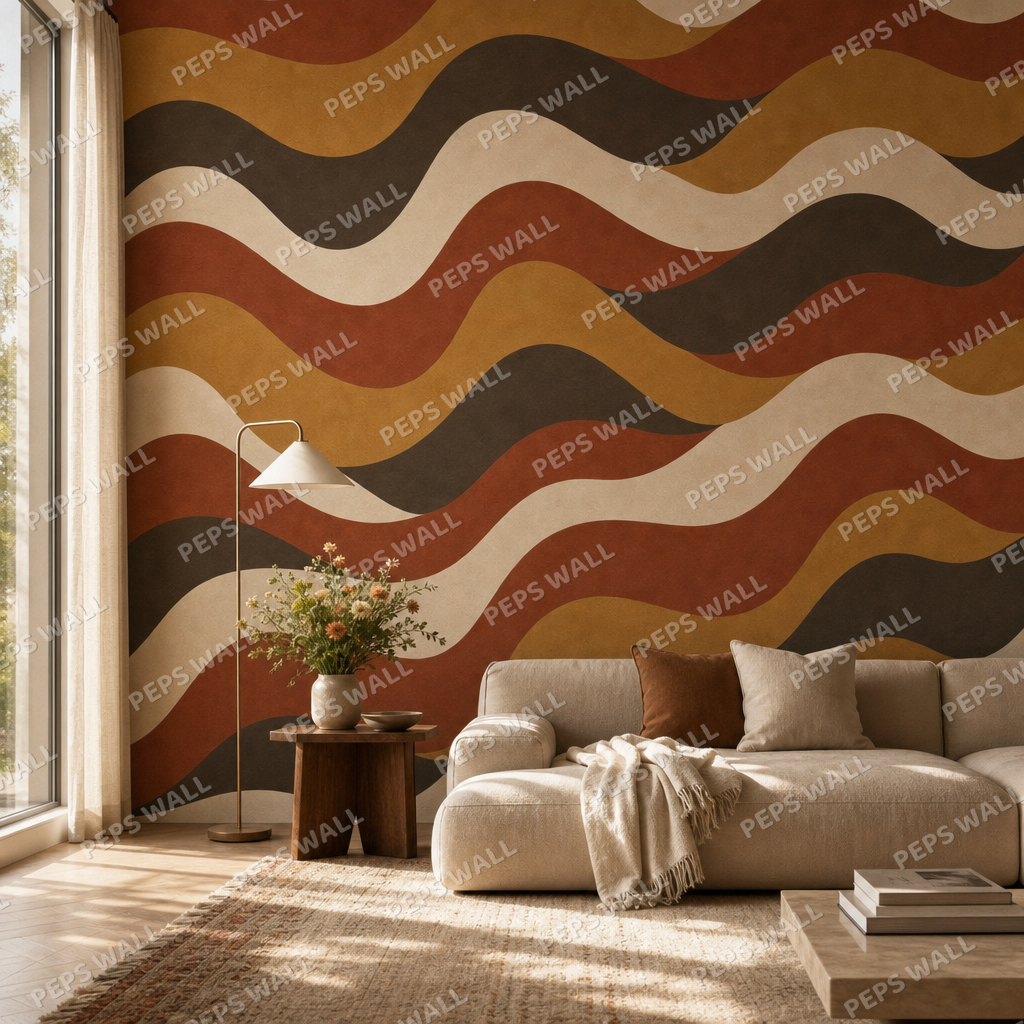 Retro 70s Waves living room wallpaper - custom mural printed and installed in Dubai