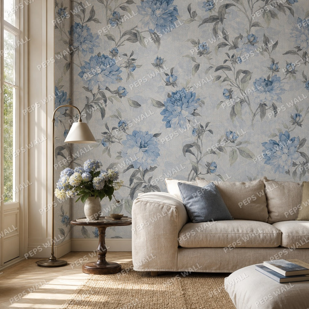 Rose Springs - Blue wallpaper mural — living room mockup