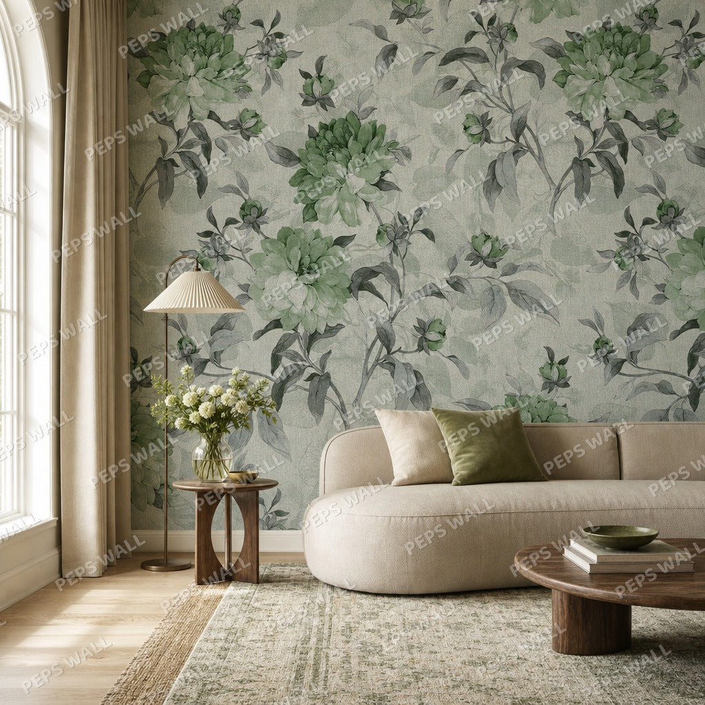 Rose Springs - Sage wallpaper mural — living room mockup