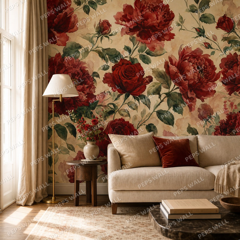 Ruby Bloom - Red Floral wallpaper mural — living room mockup