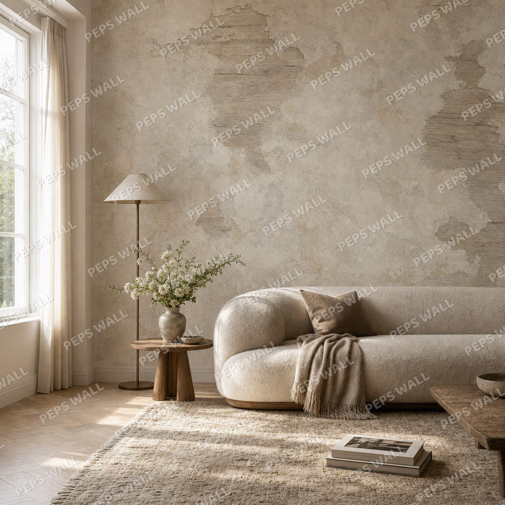 Rustic Wood and Plaster living room wallpaper - custom mural printed and installed in Dubai