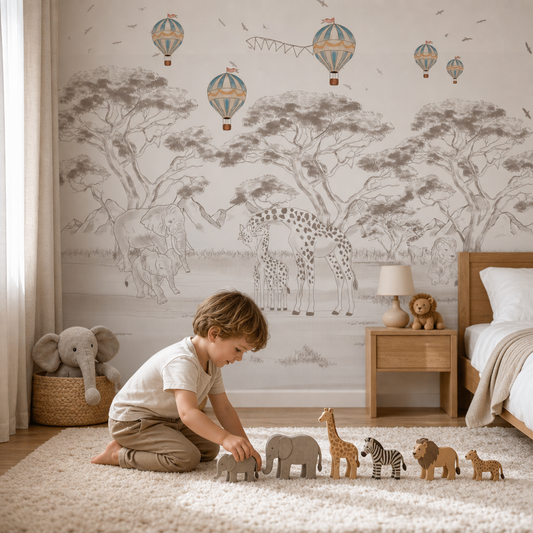 Safari Dream in the Sky kids room wallpaper - custom mural printed and installed in Dubai