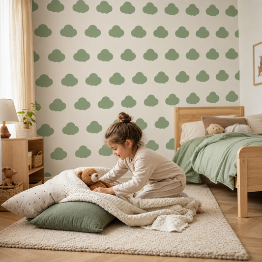 Sage Cloud kids room wallpaper - custom mural printed and installed in Dubai