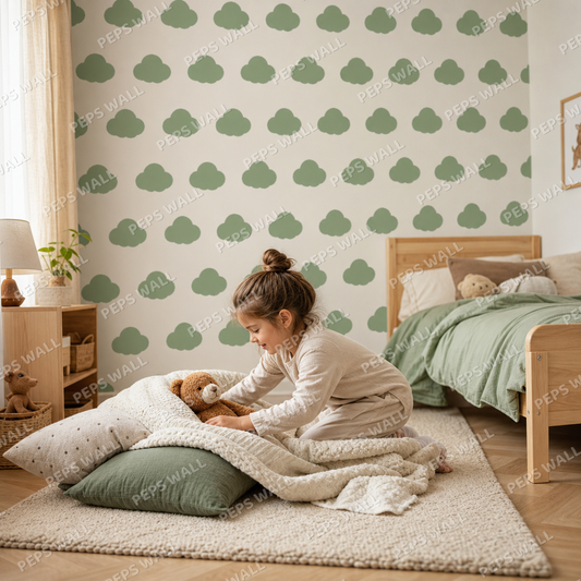 Sage Cloud kids room wallpaper - custom mural printed and installed in Dubai