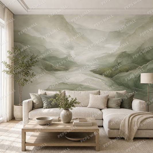 Sage Flow wallpaper in a Dubai living room - Peps Wall