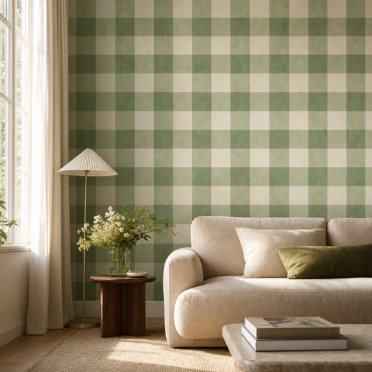 Sage Gingham living room wallpaper - custom mural printed and installed in Dubai