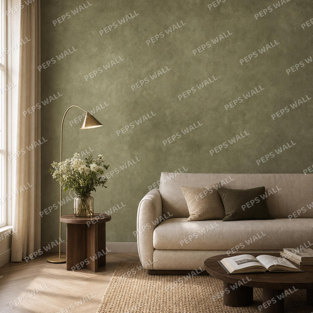 Sage Limewash living room wallpaper - custom mural printed and installed in Dubai
