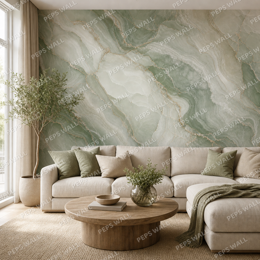 Sage Marble wallpaper in a Dubai living room - Peps Wall