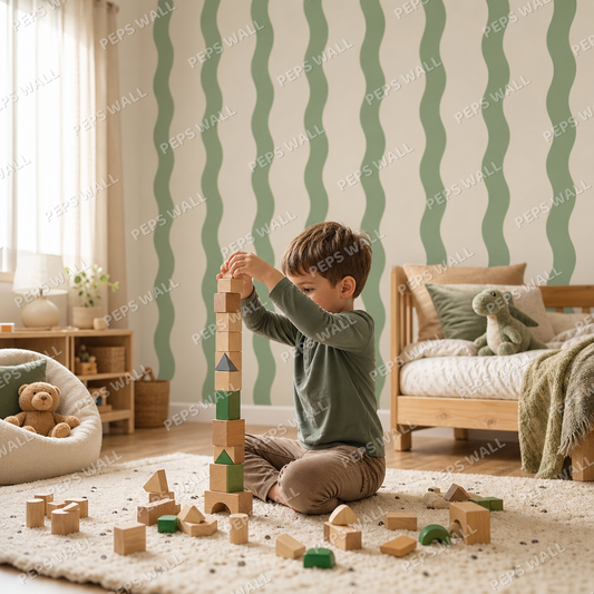 Sage Stripe Handdrawn kids room wallpaper - custom mural printed and installed in Dubai
