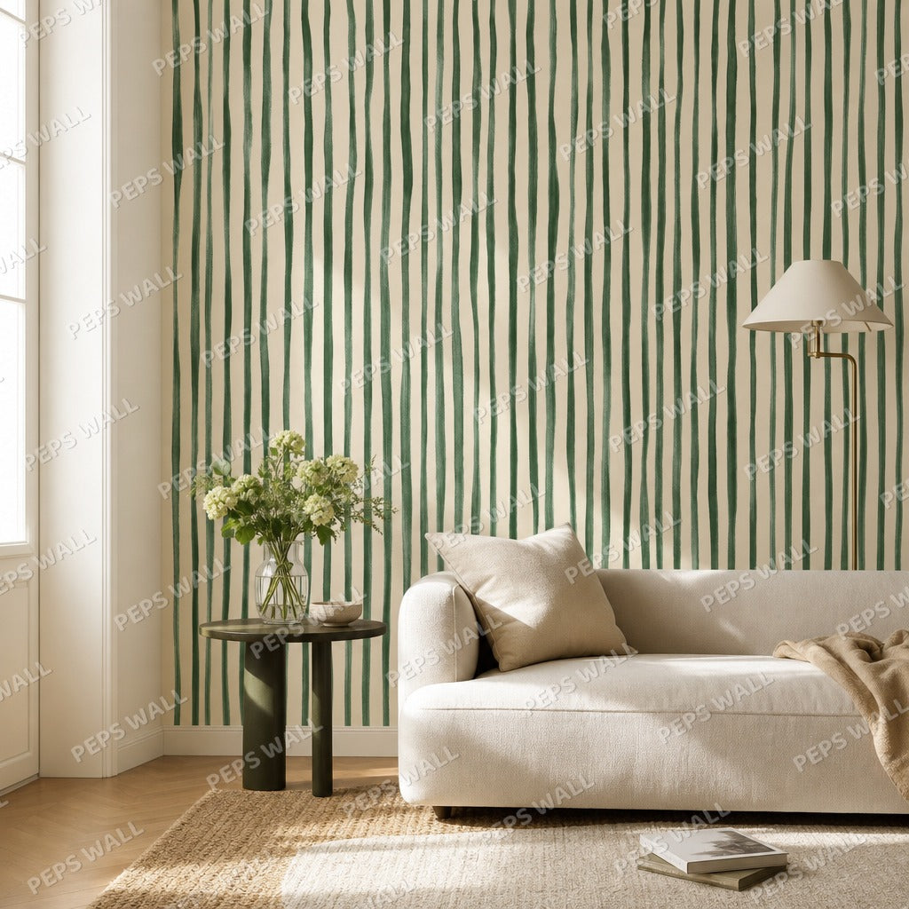 Sage Stripe Handdrawn wallpaper mural — living room mockup
