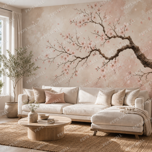 Sakura Lines wallpaper in a Dubai living room - Peps Wall