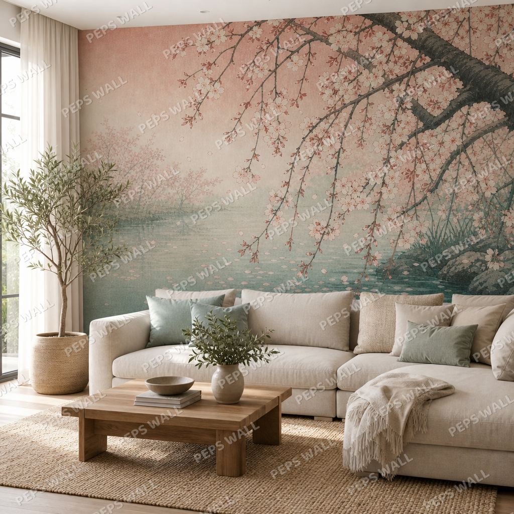 Sakura Over Water wallpaper in a Dubai living room - Peps Wall