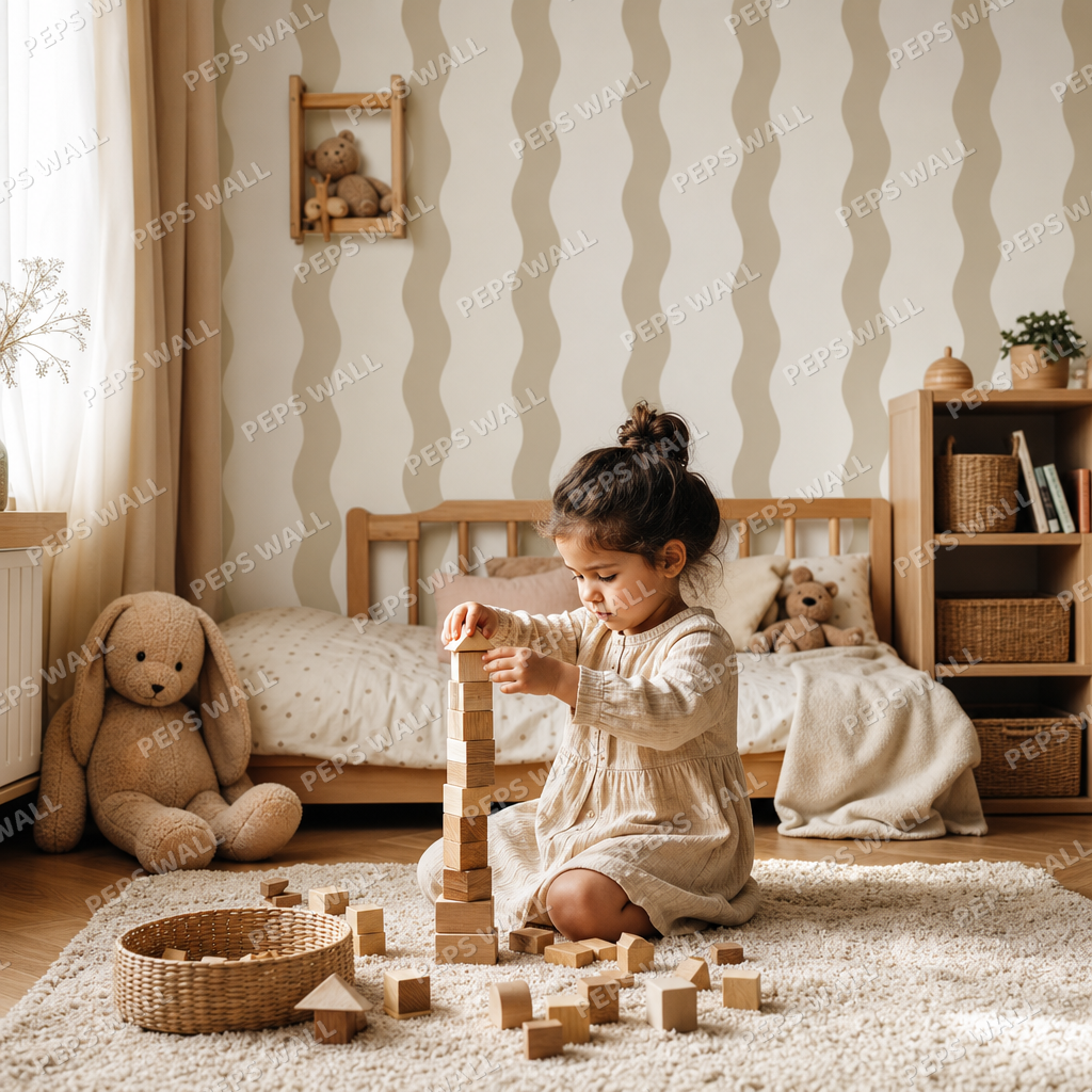 Sand Stripe Handdrawn kids room wallpaper - custom mural printed and installed in Dubai