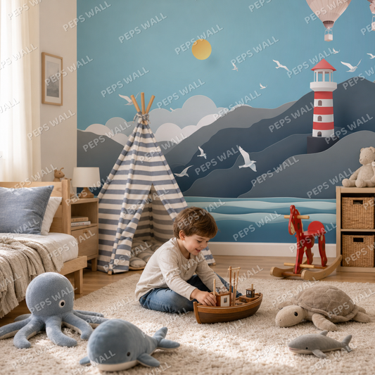Sea view kids room wallpaper - custom mural printed and installed in Dubai