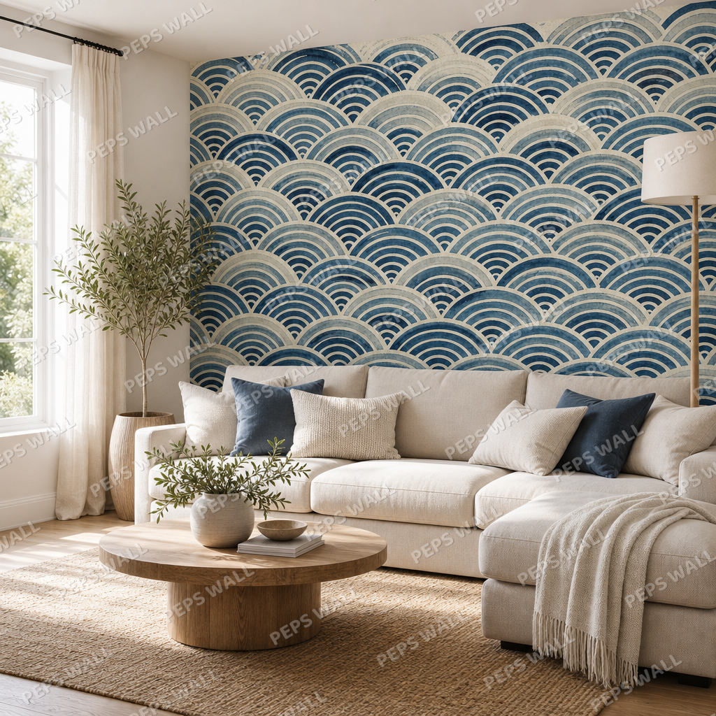 Seigaiha Indigo wallpaper in a Dubai living room - Peps Wall