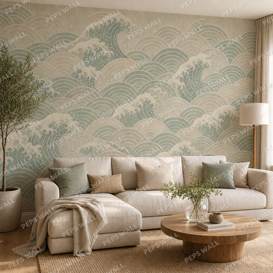 Seigaiha Sage wallpaper in a Dubai living room - Peps Wall
