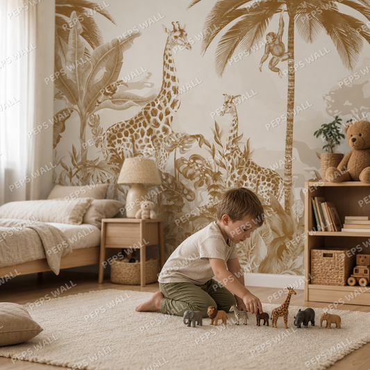 Sepia Safari kids room wallpaper - custom mural printed and installed in Dubai