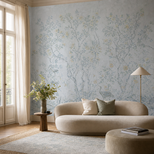 Serene Chinoiserie - Blue living room wallpaper - custom mural printed and installed in Dubai