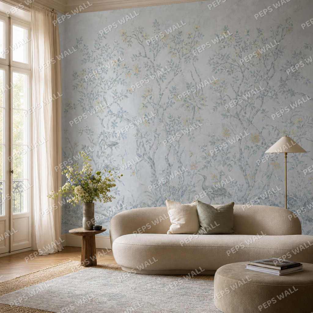 Serene Chinoiserie - Blue living room wallpaper - custom mural printed and installed in Dubai