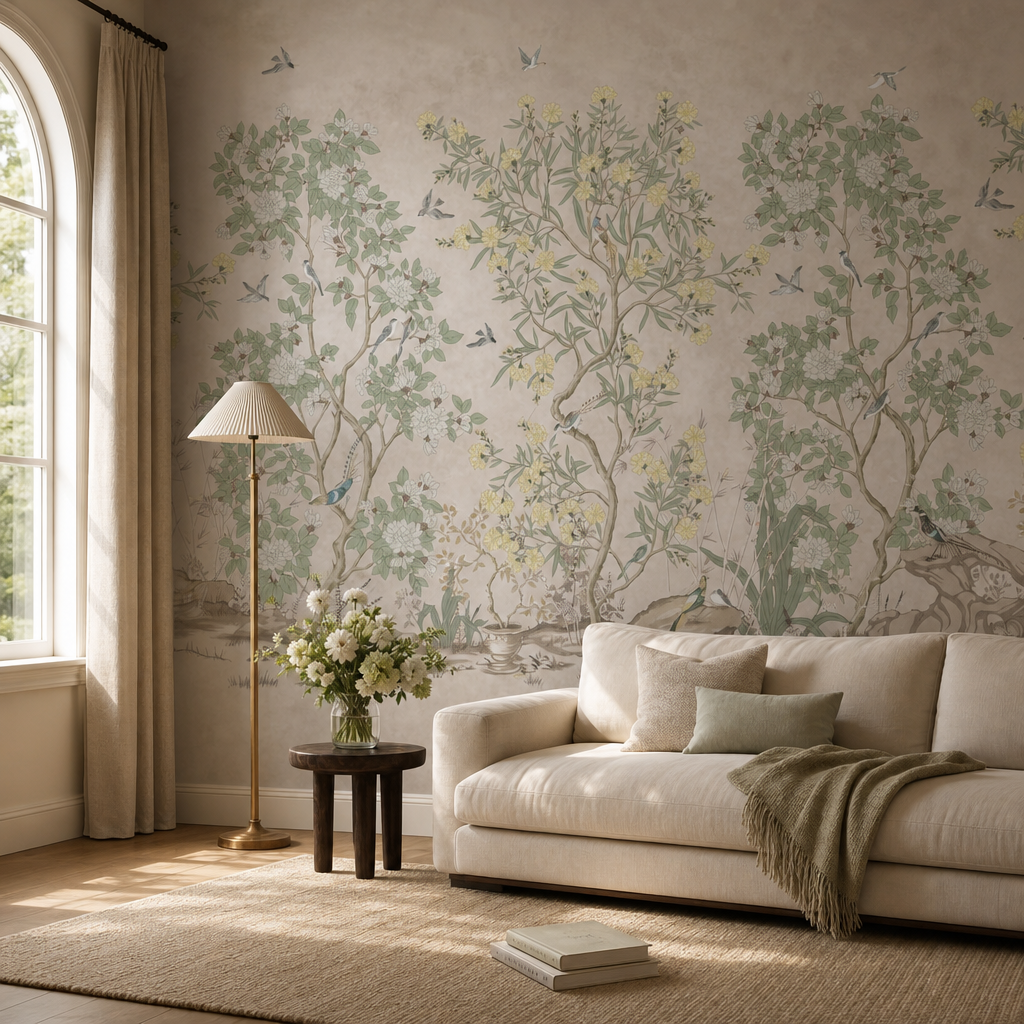 Serene Chinoiserie - Brown living room wallpaper - custom mural printed and installed in Dubai