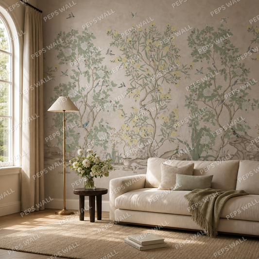 Serene Chinoiserie - Brown living room wallpaper - custom mural printed and installed in Dubai