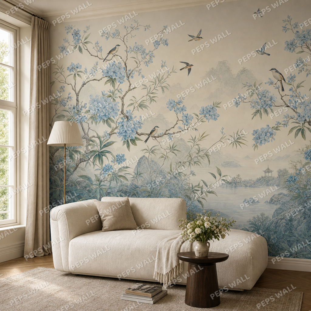 Serene Chinoiserie Mist Blue living room wallpaper - custom mural printed and installed in Dubai
