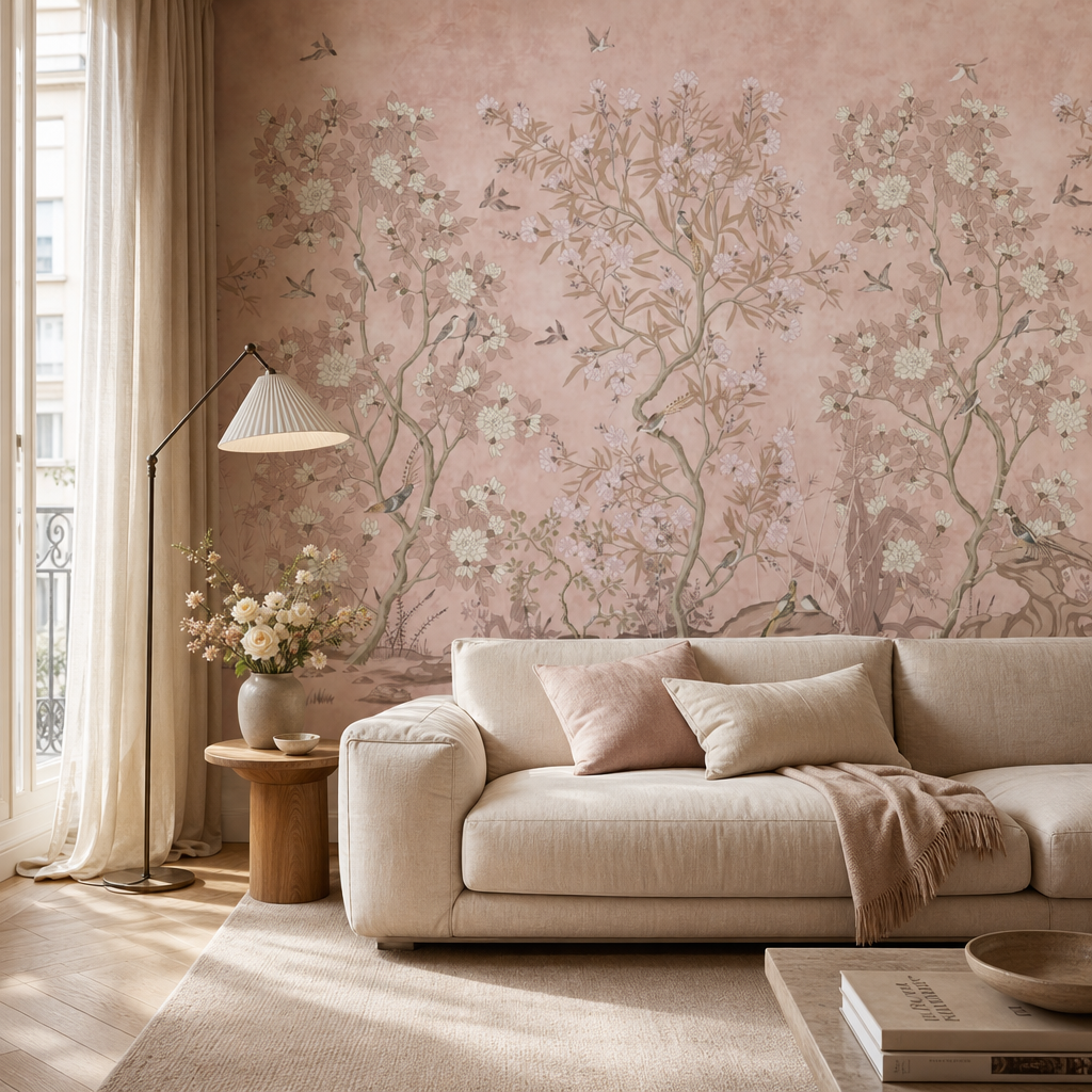Serene Chinoiserie - Pink living room wallpaper - custom mural printed and installed in Dubai
