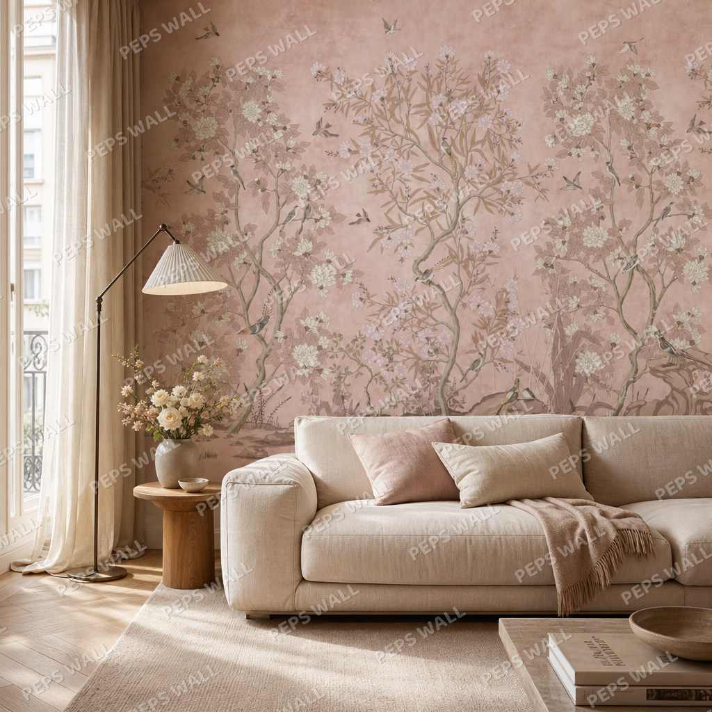 Serene Chinoiserie - Pink living room wallpaper - custom mural printed and installed in Dubai