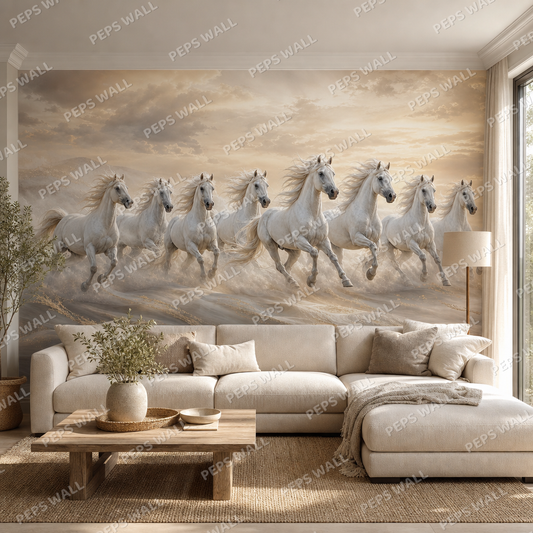 Seven Horses in Pearl wallpaper in a Dubai living room - Peps Wall