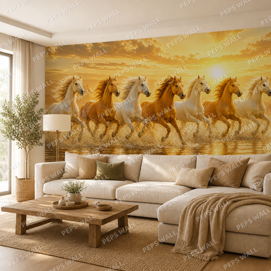 Seven Horses at Sunrise wallpaper in a Dubai living room - Peps Wall