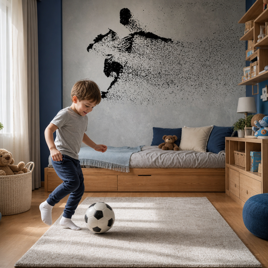Shooting footballer kids room wallpaper - custom mural printed and installed in Dubai