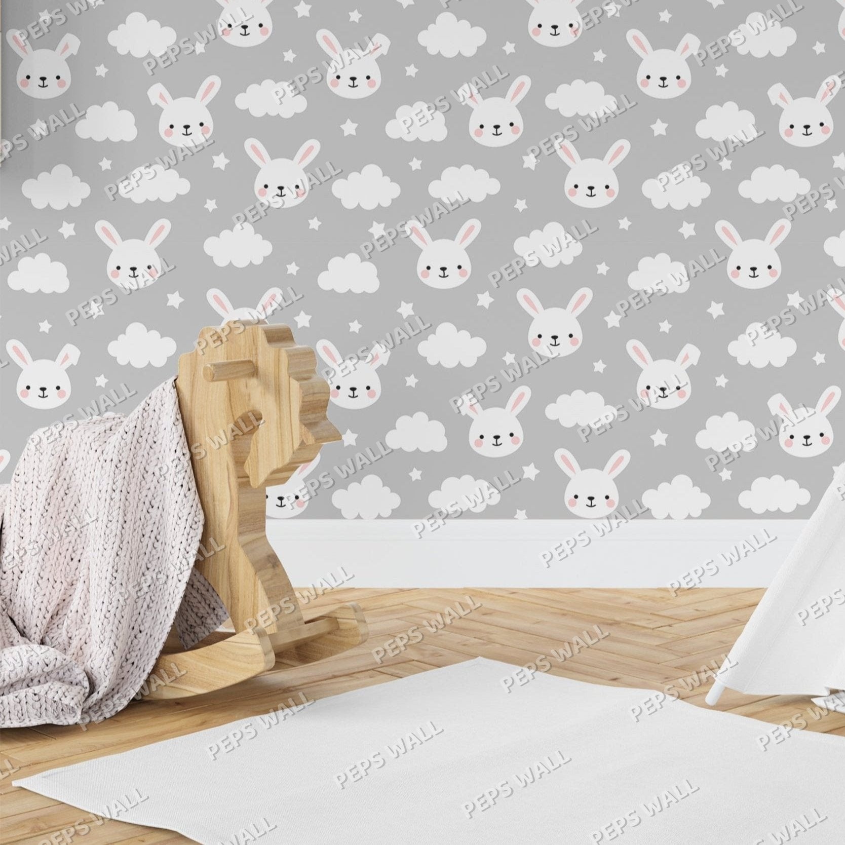 Hop Little Rabbits - Grey — kids bunny wallpaper Dubai, Peps Wall