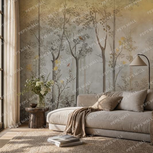 Silent Songbird living room wallpaper - custom mural printed and installed in Dubai