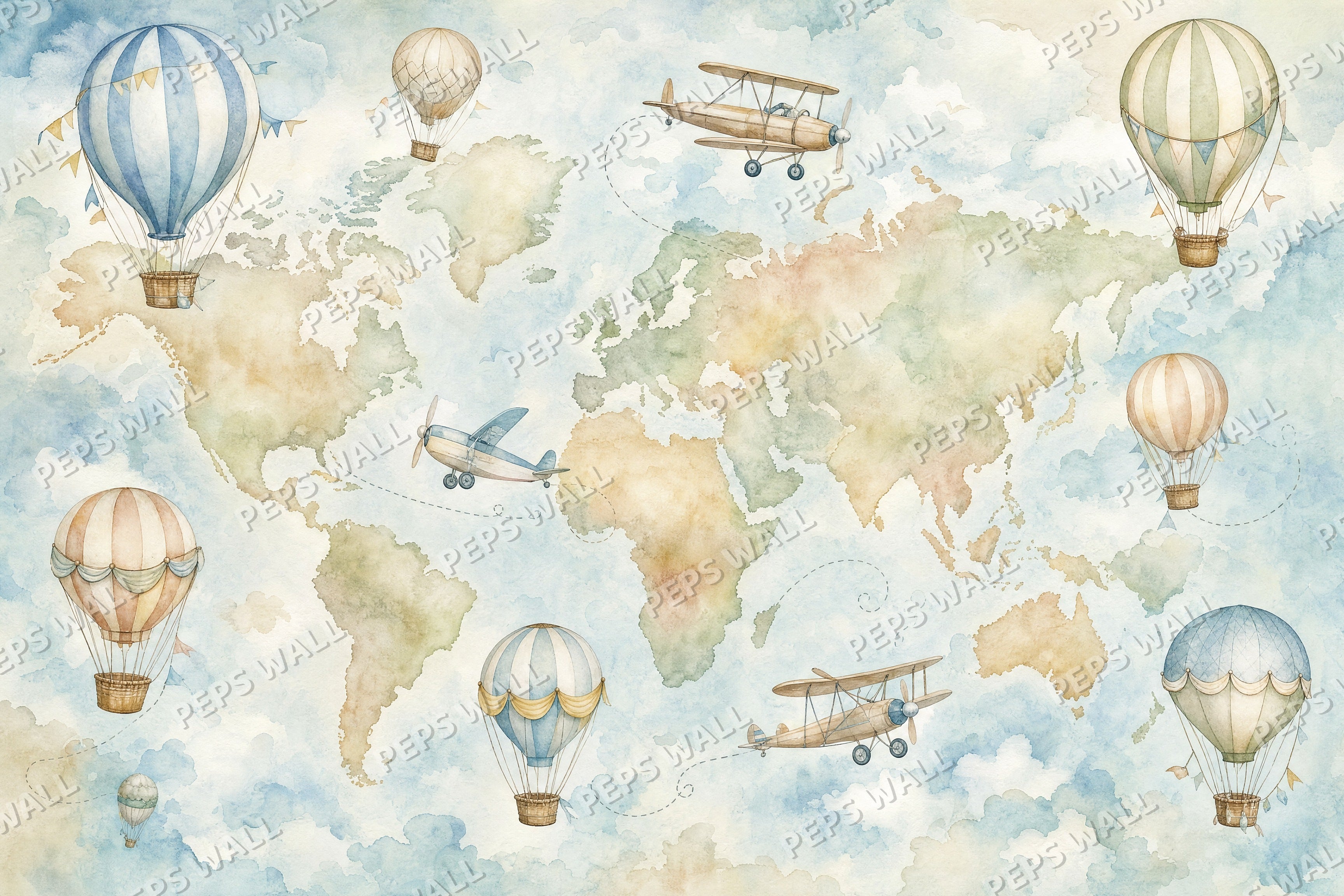 Sky Explorer Map - Watercolor full wall mural design