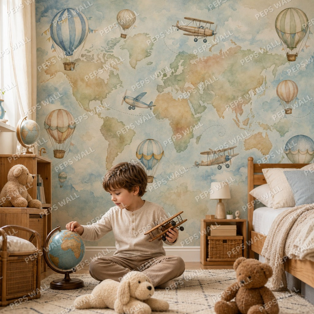 Sky Explorer Map - Watercolor wallpaper mural — kids room mockup