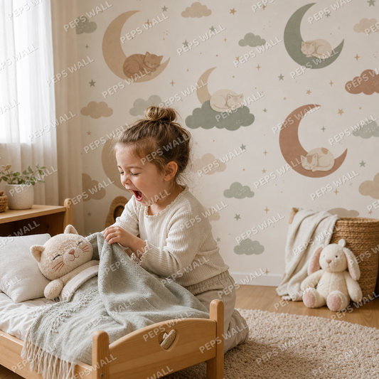 Sleepy Cats & Moon wallpaper in a Dubai kids bedroom - Peps Wall