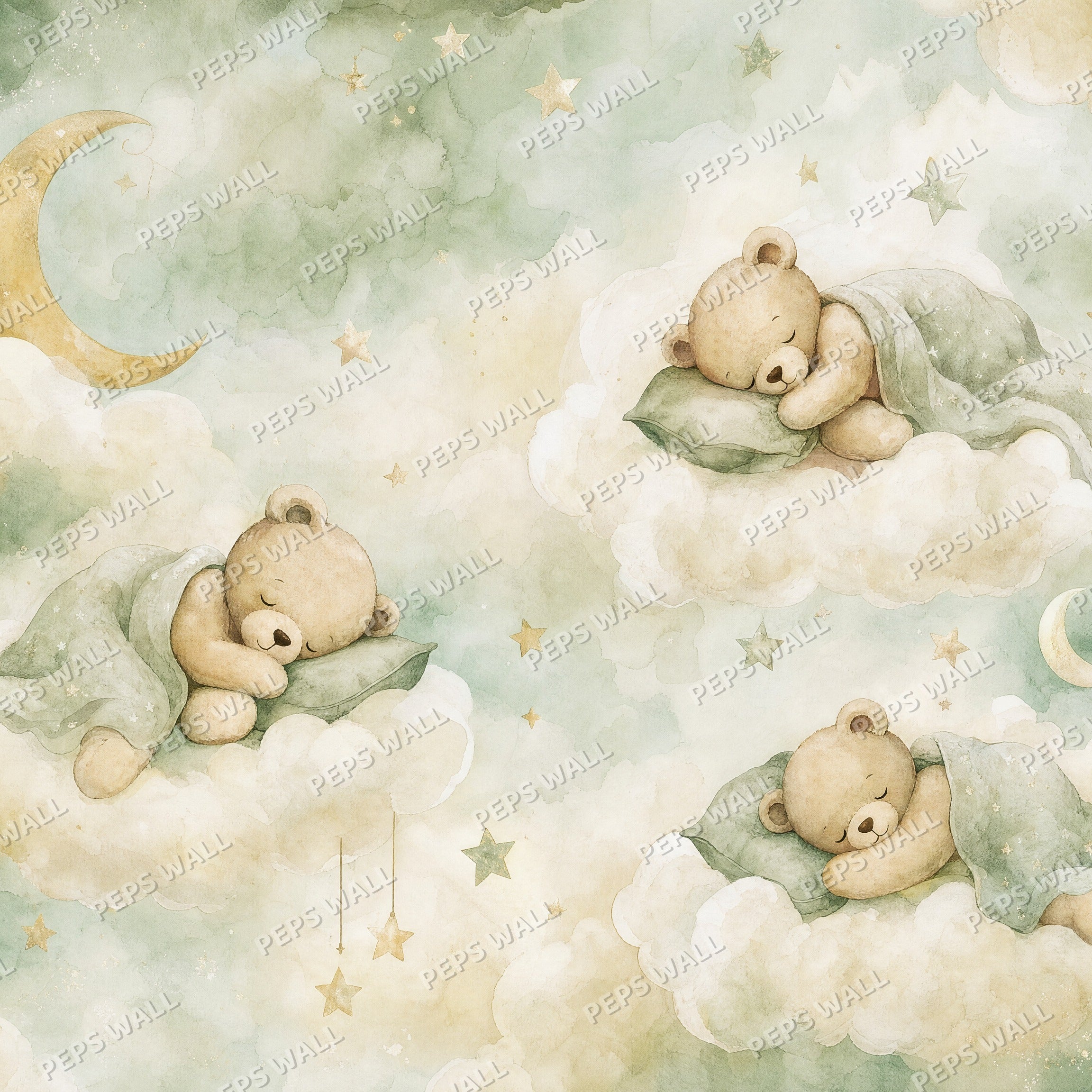 Sleepy Teddies - Sage wallpaper design