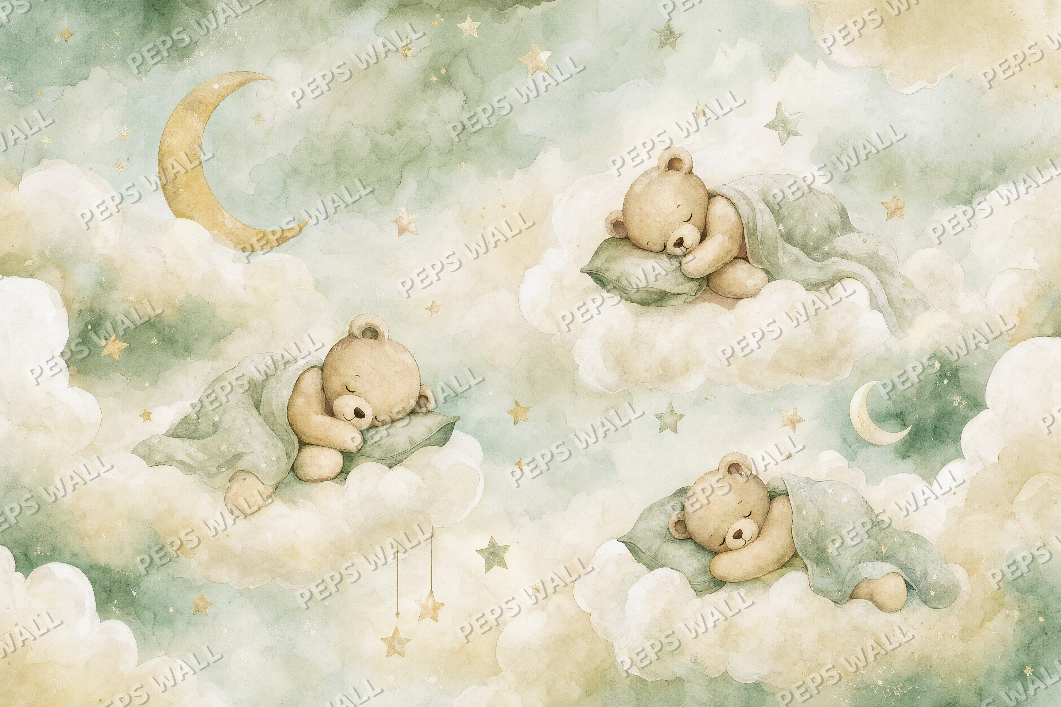 Sleepy Teddies - Sage full wall mural design