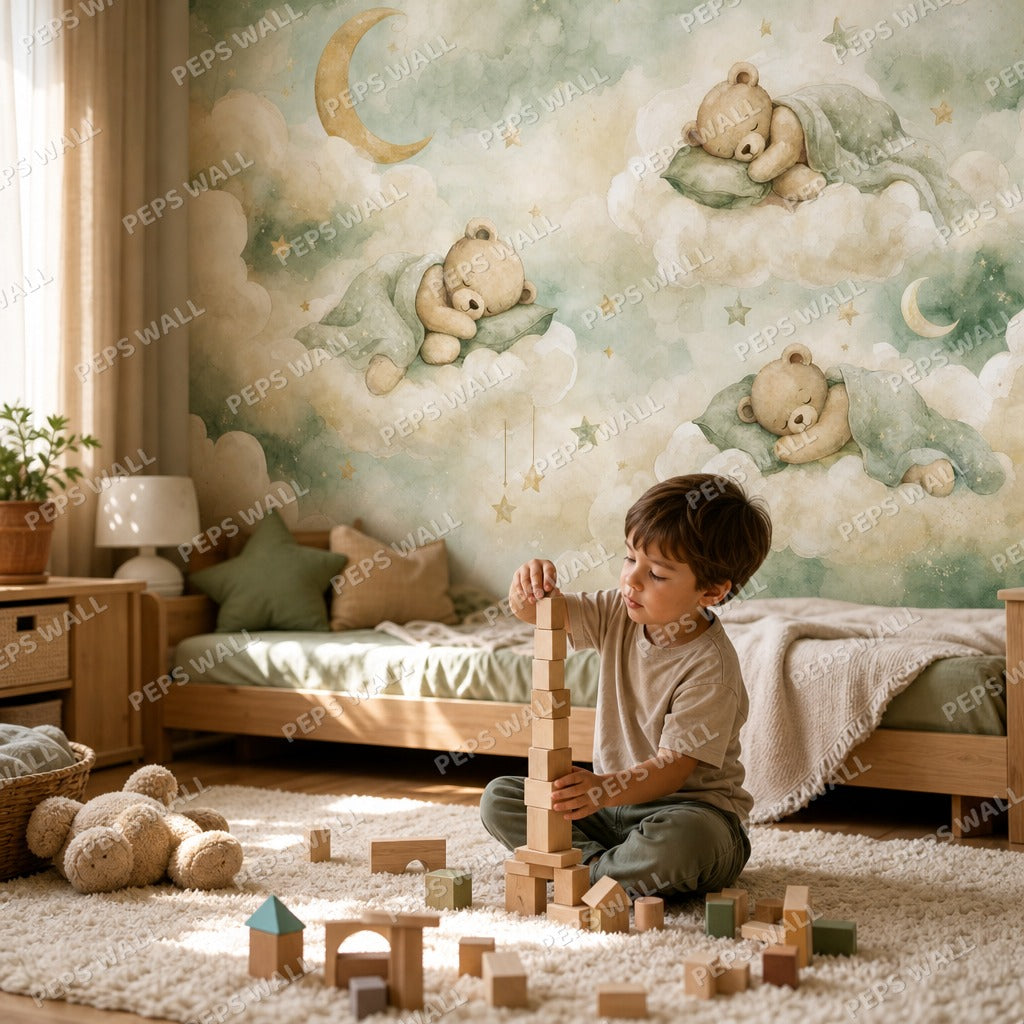 Sleepy Teddies - Sage wallpaper mural — kids room mockup