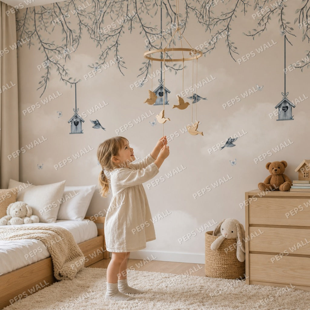 Songbird - Blue wallpaper mural — kids room mockup