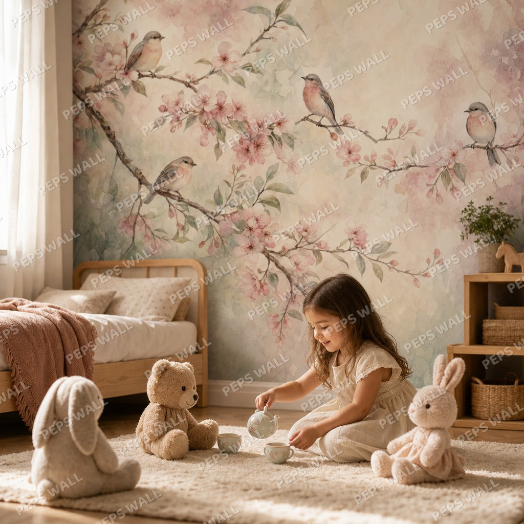 Songbird Garden - Blush wallpaper mural — kids room mockup