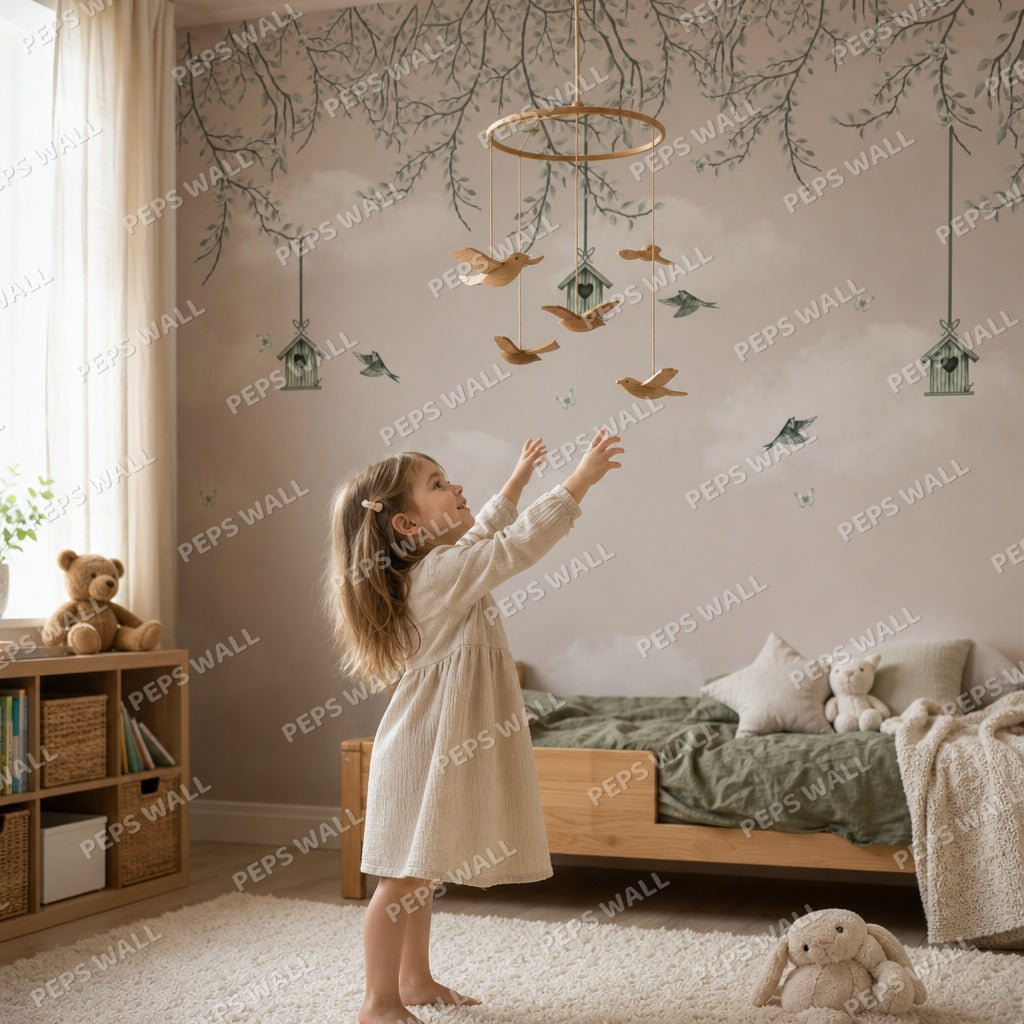 Songbird - Sage wallpaper mural — kids room mockup