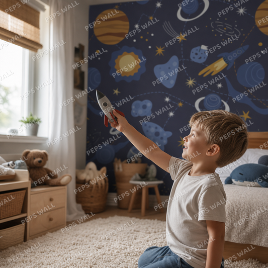 Space and Planets kids room wallpaper - custom mural printed and installed in Dubai