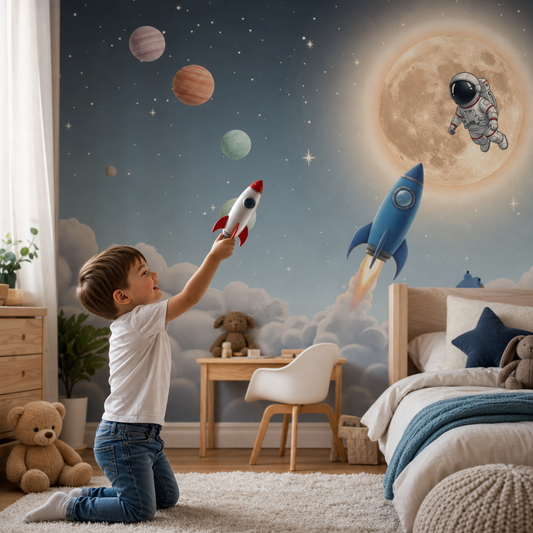 Space kids room wallpaper - custom mural printed and installed in Dubai