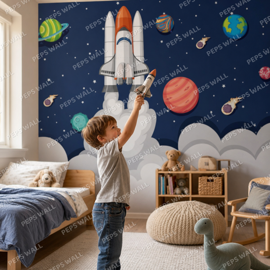 Space Rocket kids room wallpaper - custom mural printed and installed in Dubai