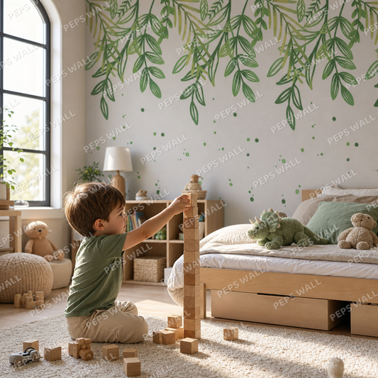 Spring Leaves kids room wallpaper - custom mural printed and installed in Dubai