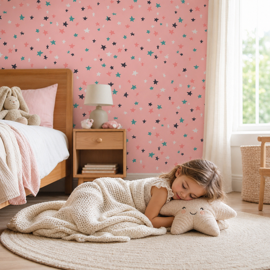 Starry pink kids room wallpaper - custom mural printed and installed in Dubai