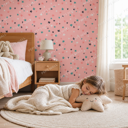 Starry pink kids room wallpaper - custom mural printed and installed in Dubai